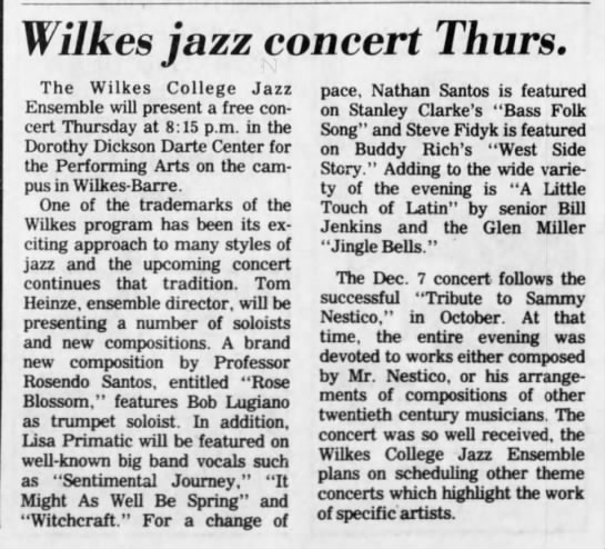 Standard-Speaker Hazleton Dec. 1, 1989 p. 24 announcing the Wilkes College Jazz Ensemble.